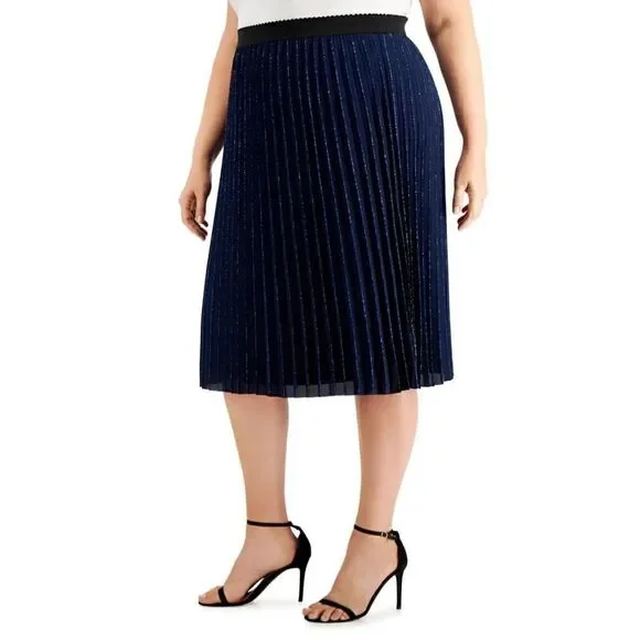 Womens Navy Metallic Pull On Styling Tea-Length Cocktail Pleated Skirt - Picture 1 of 8